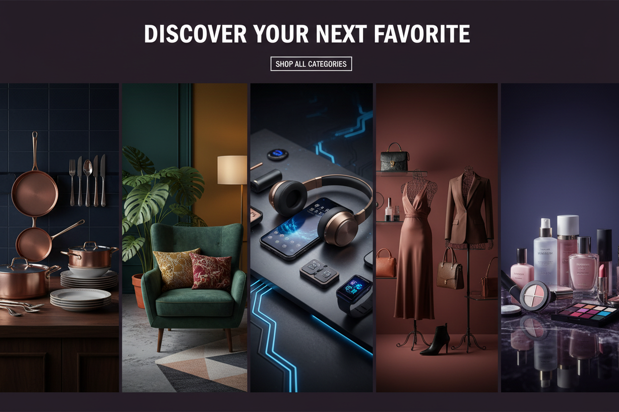 create an all in all picture with " kitchen&dining, home &living, electronics and accesories ,clothing & fasion ,beauty & personal care. for an background cover pic of the ecom shopify store. and one more thing there was an white text over the image. so uses the color to sutable  for that.